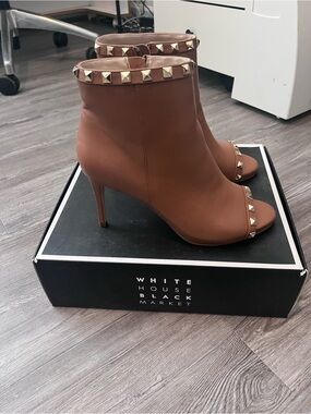 White House Black Market Cognac Studded Peep-Toe Ankle Booties